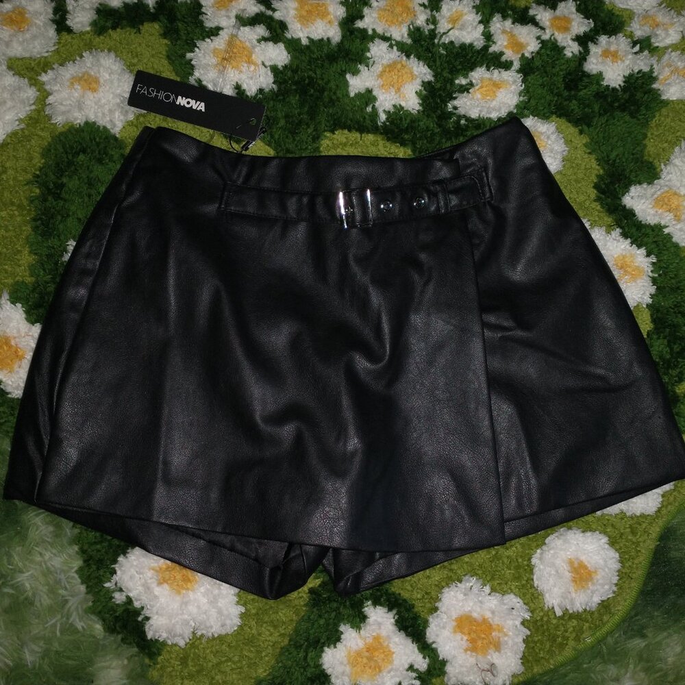 Faux Leather Wrap Mini Skort, Black